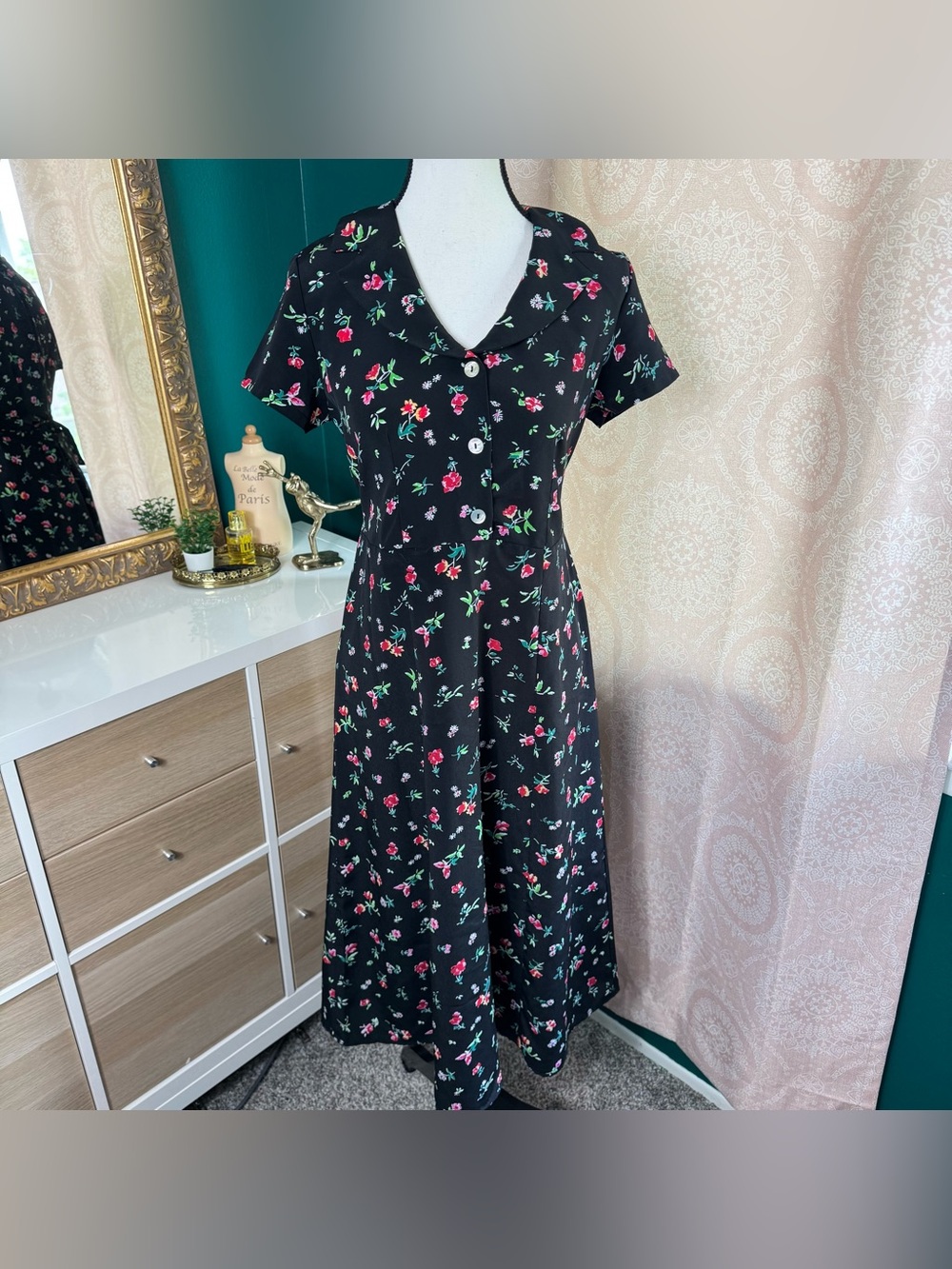 Vintage 90s Gabriella Black Button Front A-Line Midi Dress Floral Print Size S